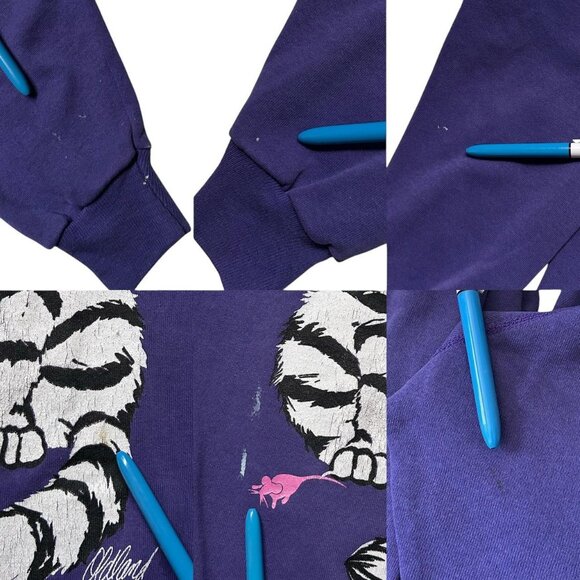 90s Vintage Front Back Cat Cartoon Sweatshirt Purple Crewneck Oldland Comic. - Picture 7 of 7